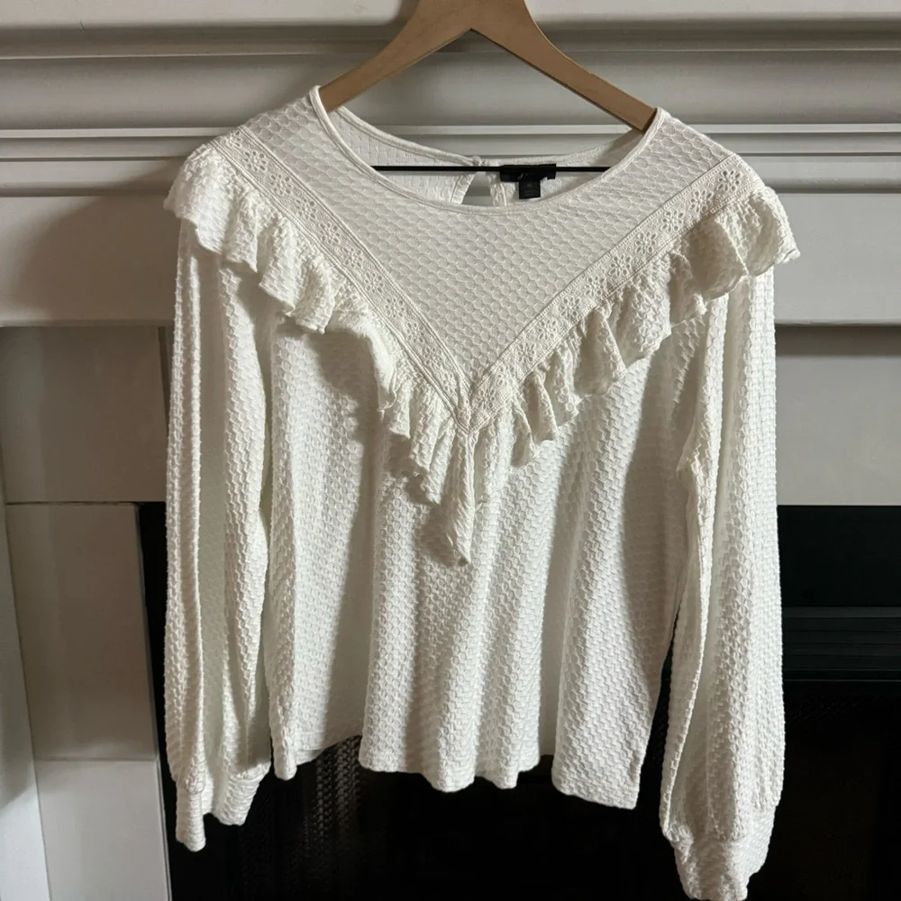 J. Crew White Textured Ruffle Long-Sleeve Blouse